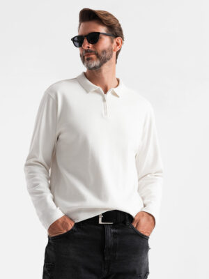 Ombre Men's polo longsleeve with zippered collar - white Ombre Men's polo longsleeve with zippered collar - white