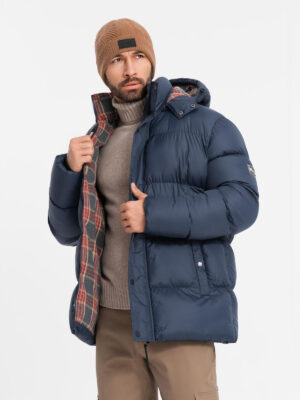 Ombre Men's puffer jacket with check lining - navy blue