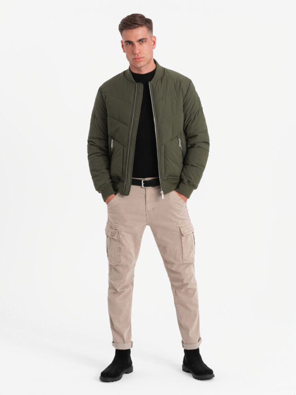 Ombre Men's quilted bomber jacket with metal zippers - dark olive green