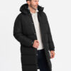 Ombre Men's quilted long jacket with detachable hood - black