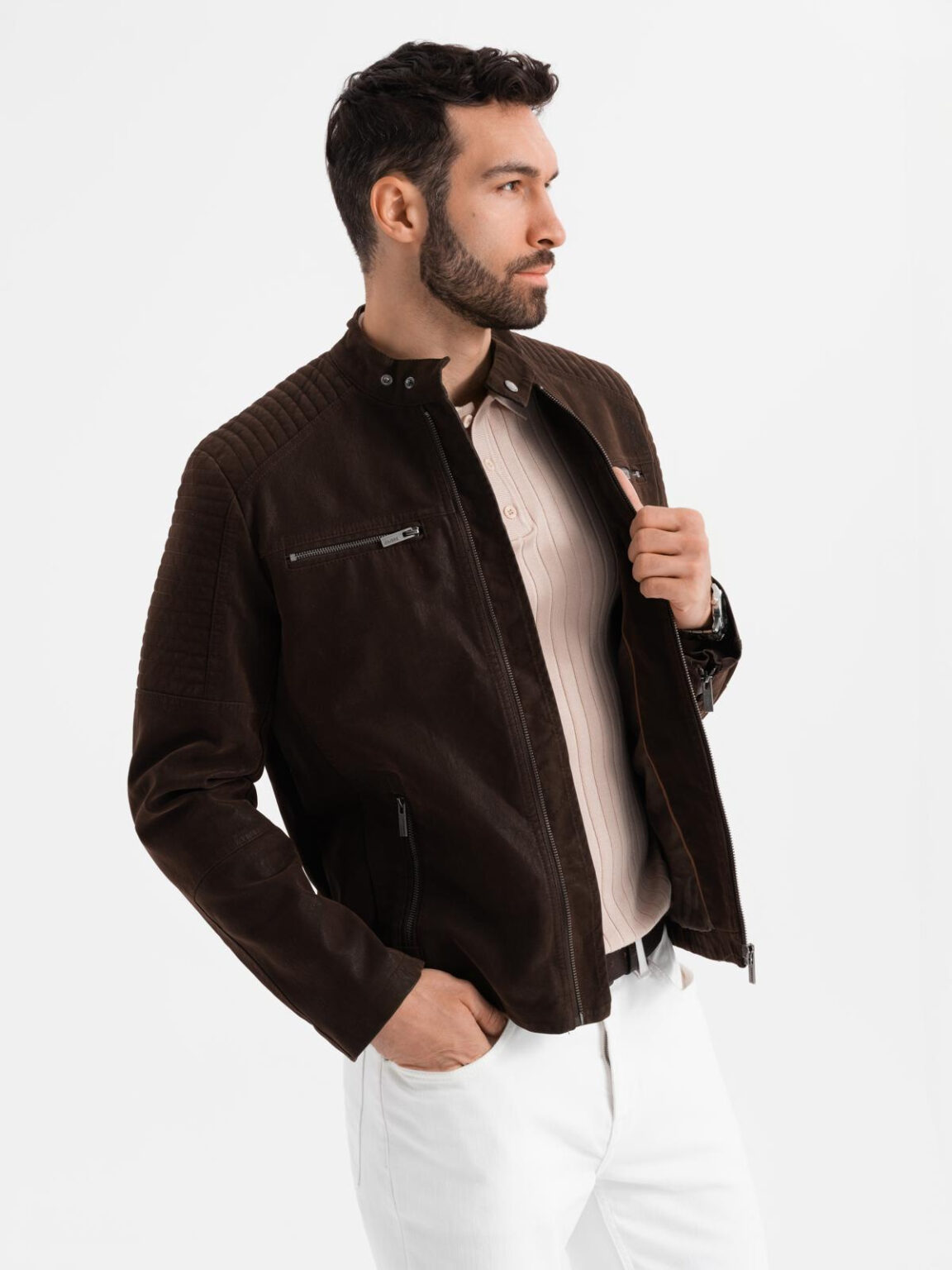 Ombre Men's retro biker jacket with stand-up collar - brown