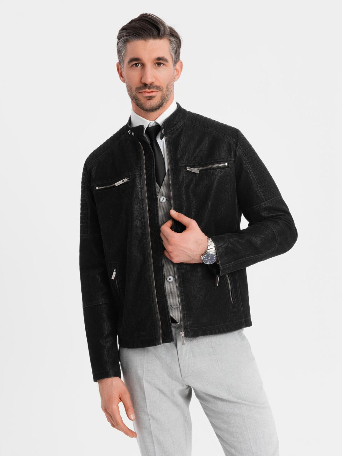 Ombre Men's retro-style biker jacket with stand-up collar - black