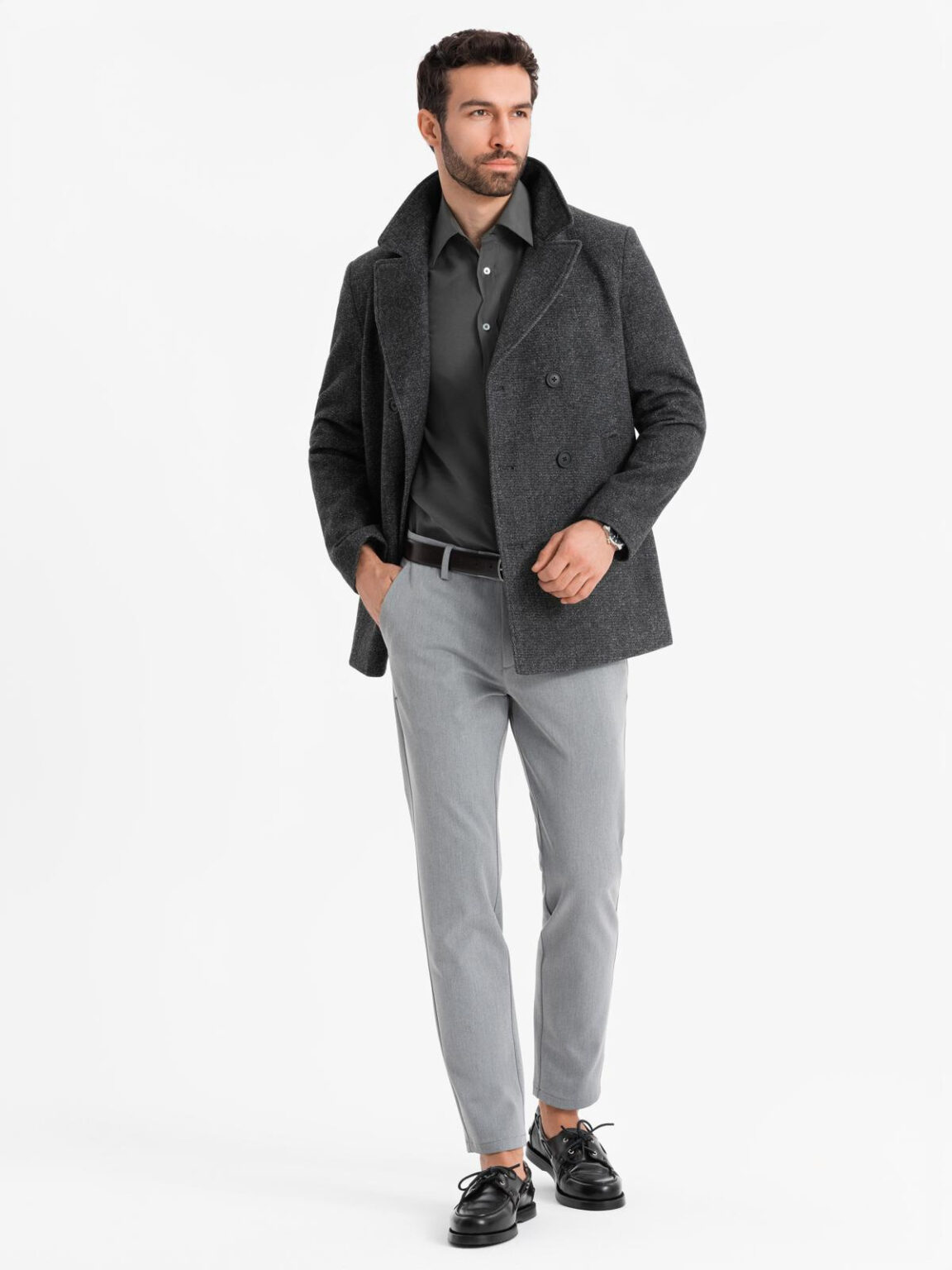 Ombre Men's short double-breasted wool coat - graphite
