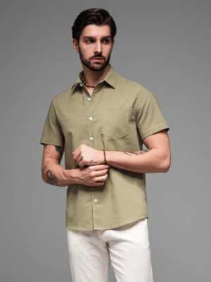 Ombre Men's short sleeve cotton and linen shirt with pocket - olive Ombre Men's short sleeve cotton and linen shirt with pocket - olive