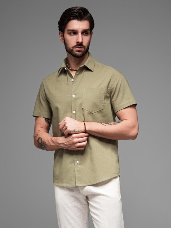 Ombre Men's short sleeve cotton and linen shirt with pocket - olive