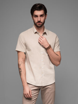 Ombre Men's short-sleeved linen-cotton shirt with pocket - beige Ombre Men's short-sleeved linen-cotton shirt with pocket - beige