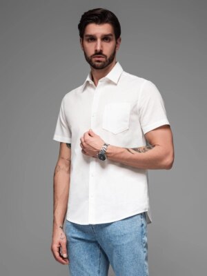 Ombre Men's short-sleeved linen-cotton shirt with pocket - broken white