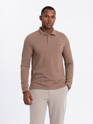 Ombre Men's structured polo longsleeve with patch - brown Ombre Men's structured polo longsleeve with patch - brown