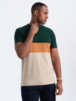 Ombre Men's tricolor T-shirt with wide stripes - green and beige Ombre Men's tricolor T-shirt with wide stripes - green and beige