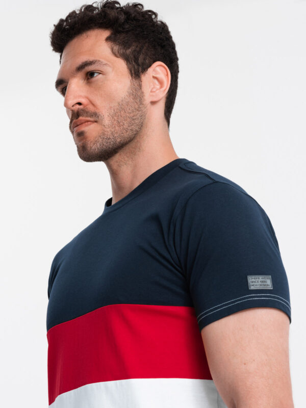 Ombre Men's tricolor T-shirt with wide stripes - navy blue and white