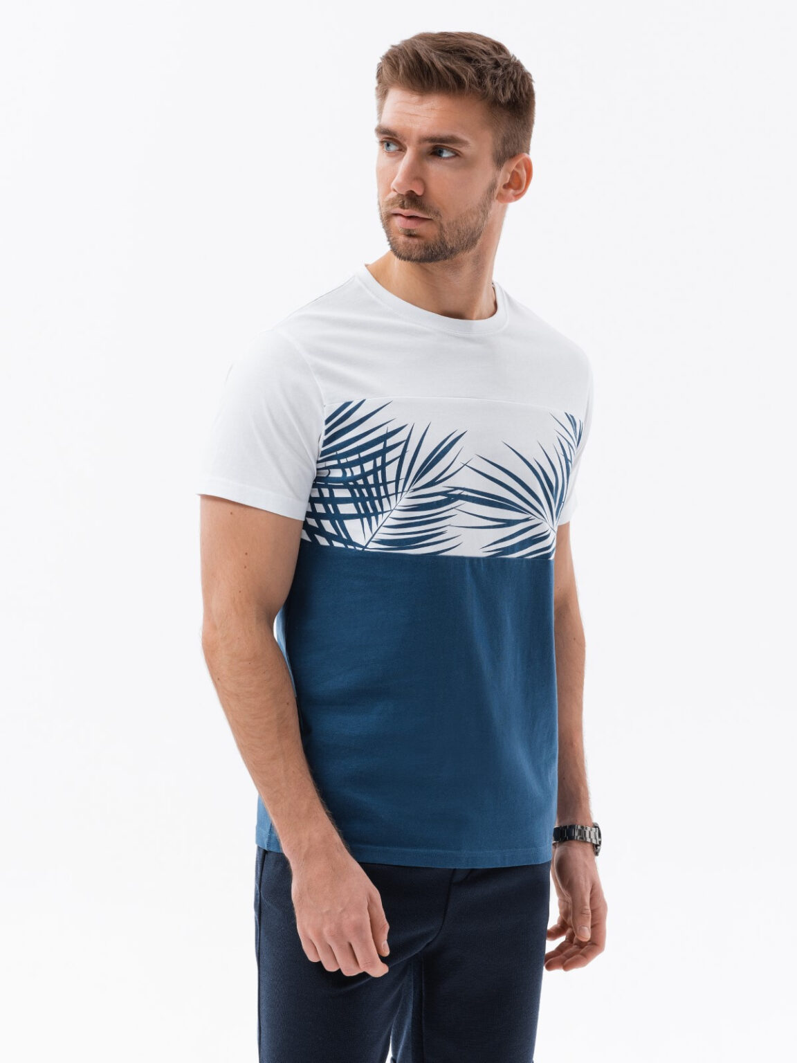 Ombre Men's two-tone t-shirt with palm leaf print - dark blue