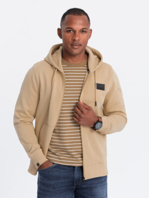 Ombre Men's unbuttoned sweatshirt with hood and patch - sand Ombre Men's unbuttoned sweatshirt with hood and patch - sand