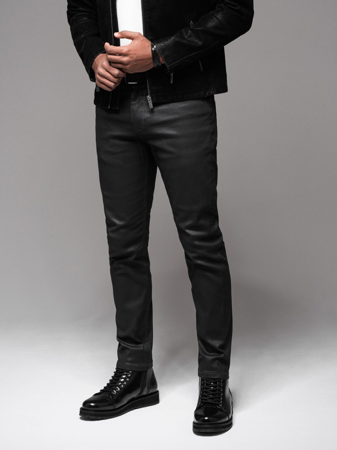 Ombre Men's waxed denim SLIM FIT pants - black