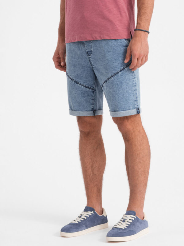 Ombre Turn-up denim men's short shorts with stitching - light blue