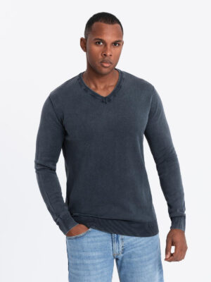 Ombre Washed men's sweater with v-neck - navy blue Ombre Washed men's sweater with v-neck - navy blue