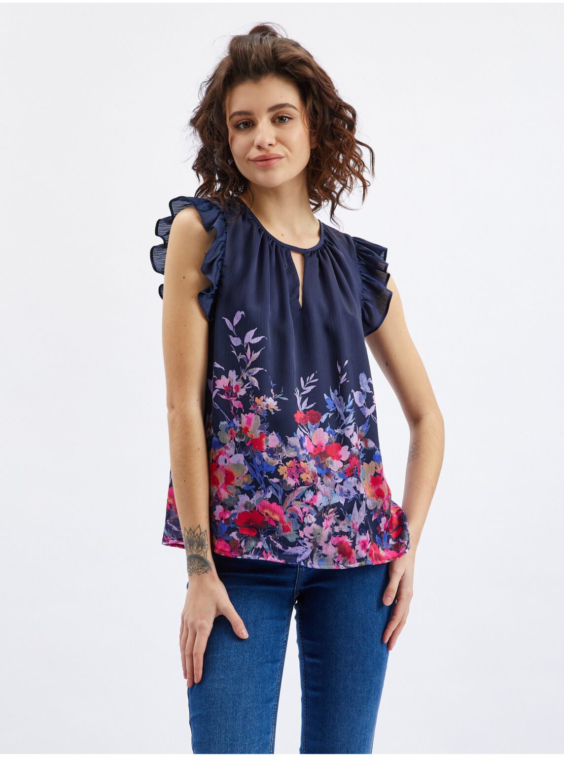 Orsay Dark blue Ladies Floral Blouse with Frill - Women
