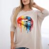 Oversize blouse with beige rainbow lip print