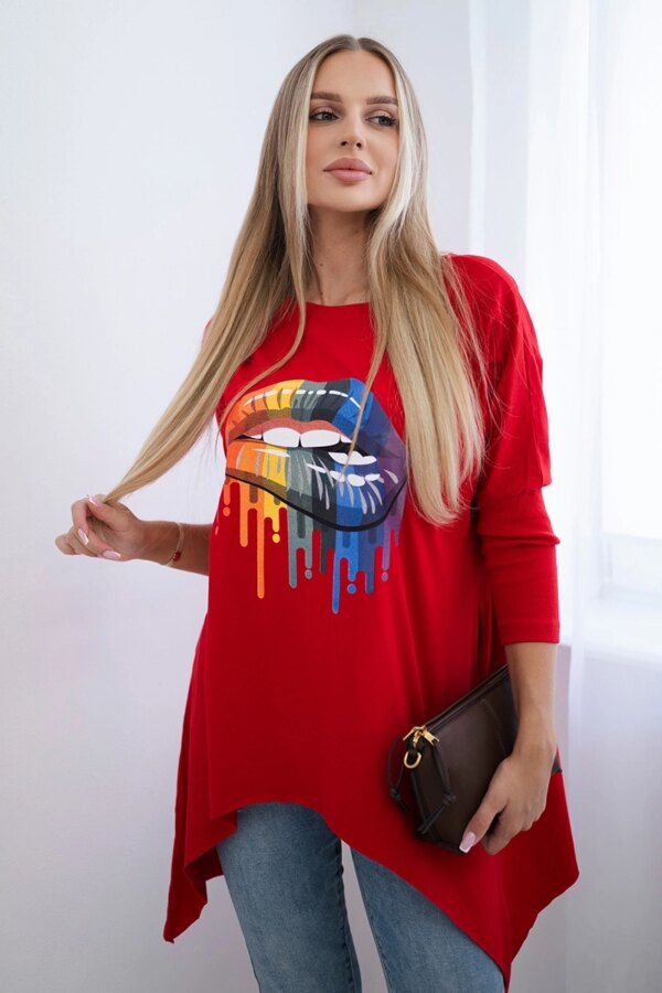 Oversize blouse with red rainbow lip print