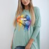 Oversized blouse with a dark mint lip print