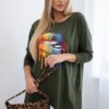 Oversized blouse with khaki rainbow lip print