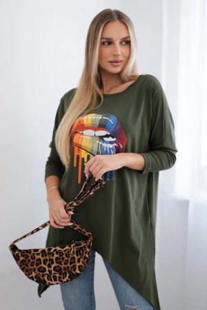 Oversized blouse with khaki rainbow lip print