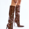 Patent Leather Insulated Stiletto Heel Boots with Buckle Brown Tameliae