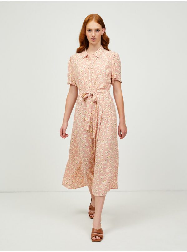 Pink Floral Shirt Midi Dress Pieces Miller - Women