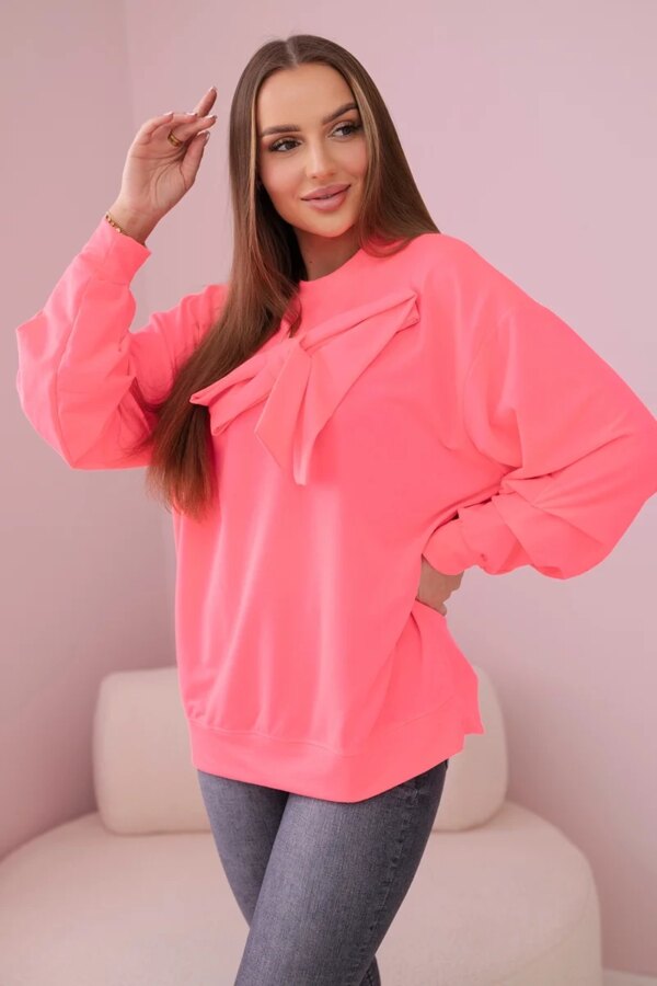 Pink Neon Cotton Blouse with Bow