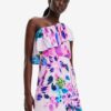 Pink floral dress on one shoulder Desigual Jan-Lacroix - Women