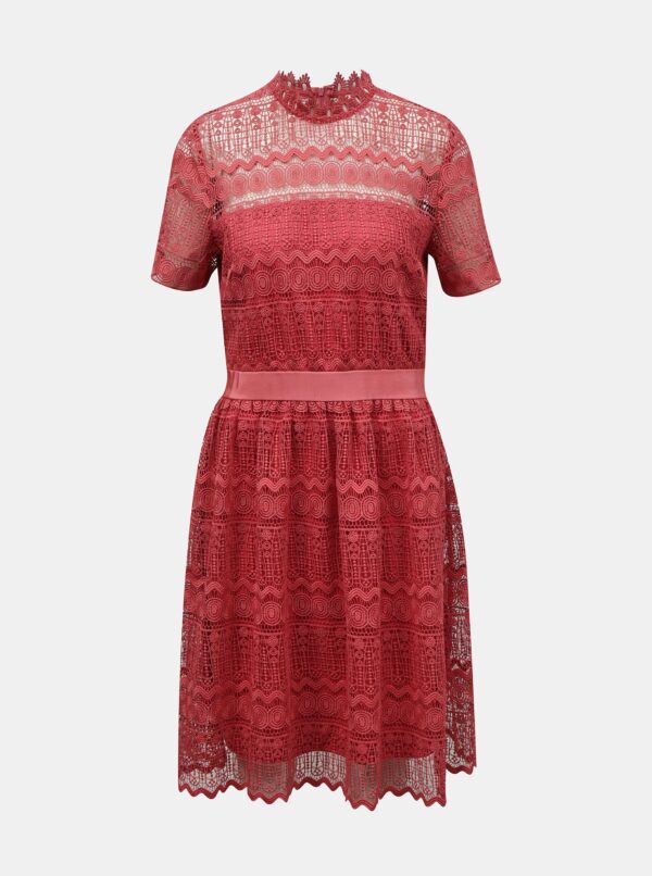 Pink lace dress with stand-up collar VILA Nelly - Women's