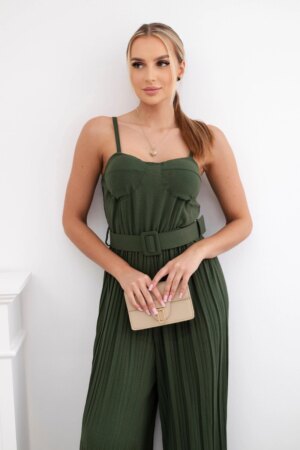 Pleated jumpsuit with khaki straps