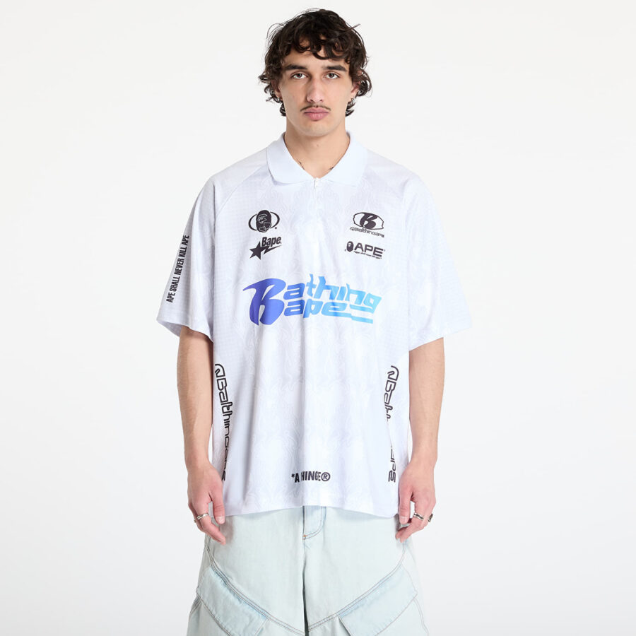 Póló A BATHING APE Flame Pattern Overall Print Half Zip Relax Fit Polo Shirt UNISEX White S-alacsony-ár