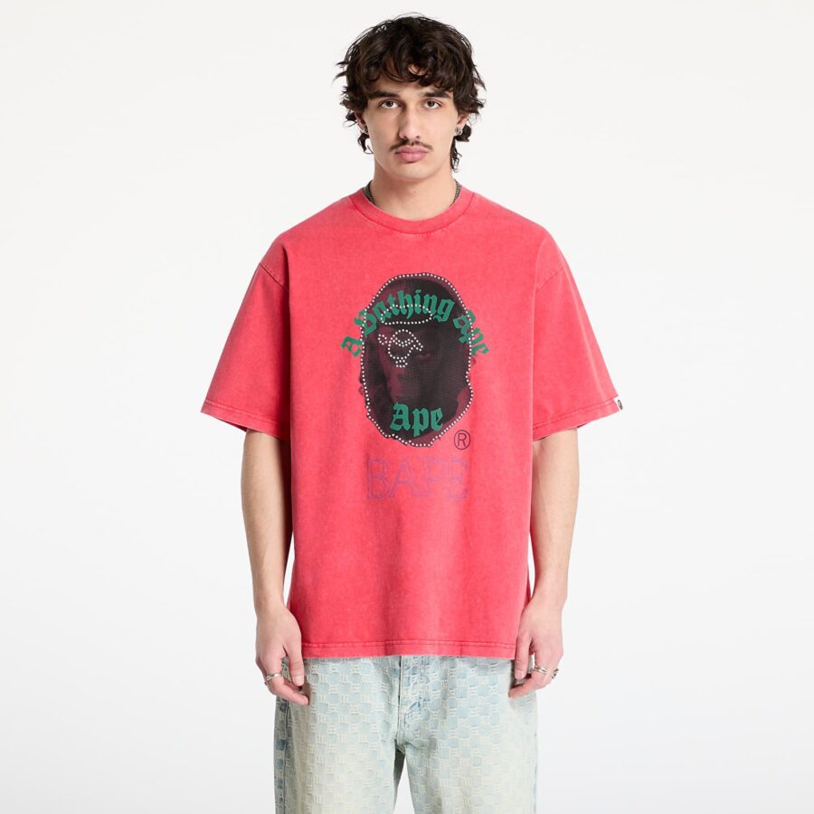 Póló A BATHING APE Garment Dye Rhinestone Ape Head Relaxed Fit Tee UNISEX Red S-alacsony-ár