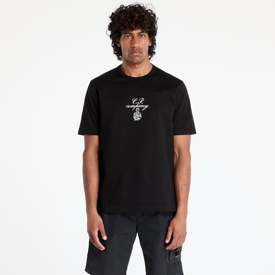 Póló C.P. Company 30/2 Mercerized Jersey Twisted Embroidery T-Shirt Black L-alacsony-ár