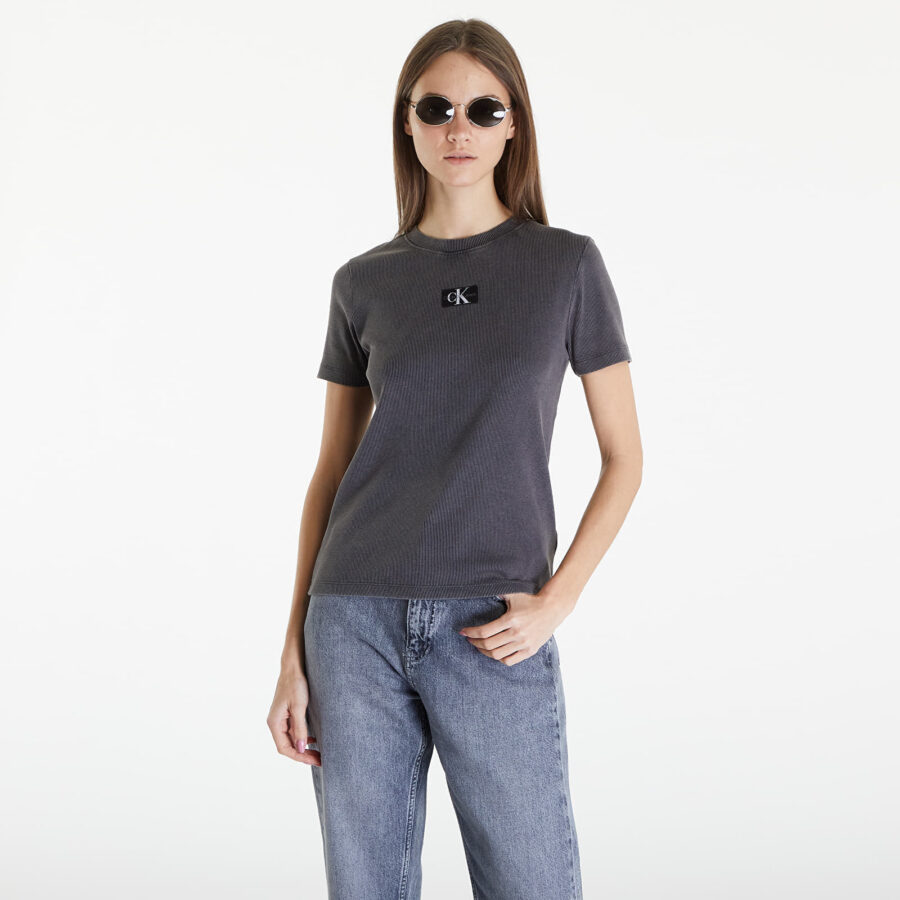 Póló Calvin Klein Jeans Label Washed Rib Slim Short Sleeve Tee Gray L-alacsony-ár