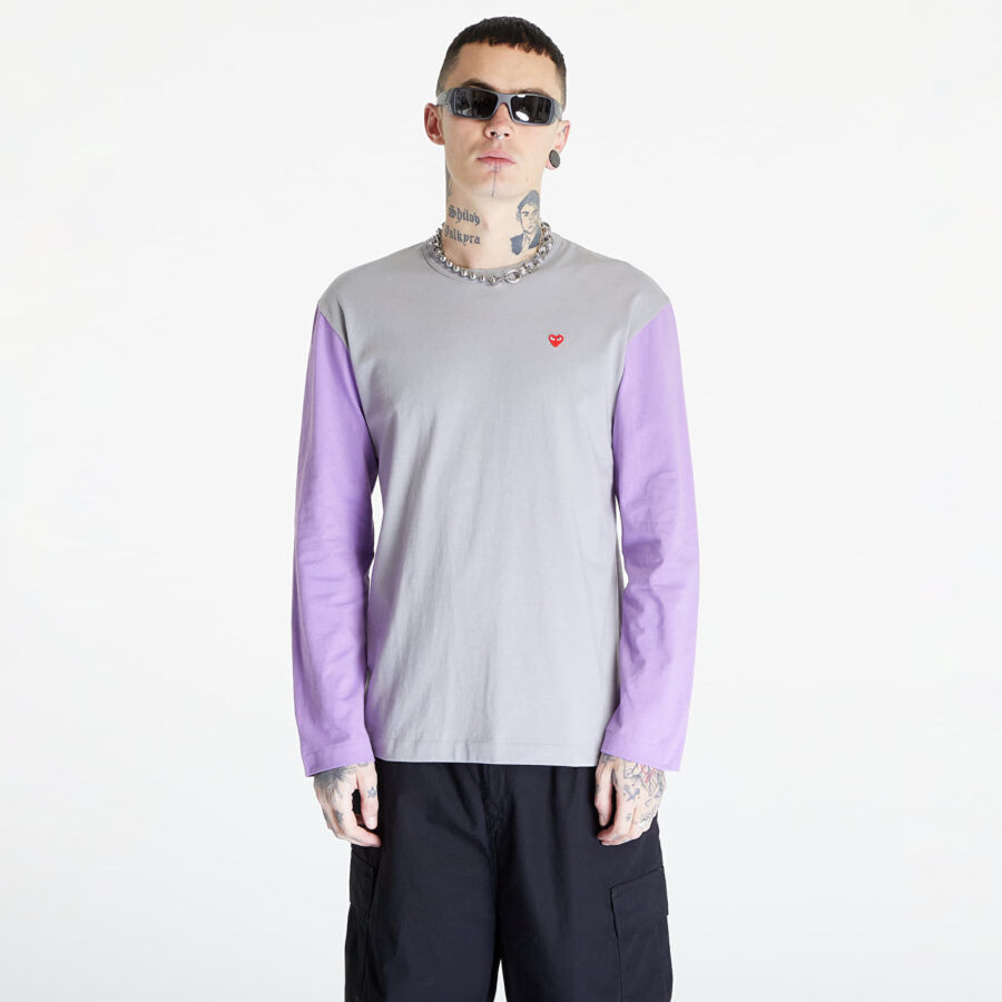 Póló Comme des Garçons PLAY Heart Logo Long Sleeve Tee UNISEX Gray/ Lavender M-alacsony-ár