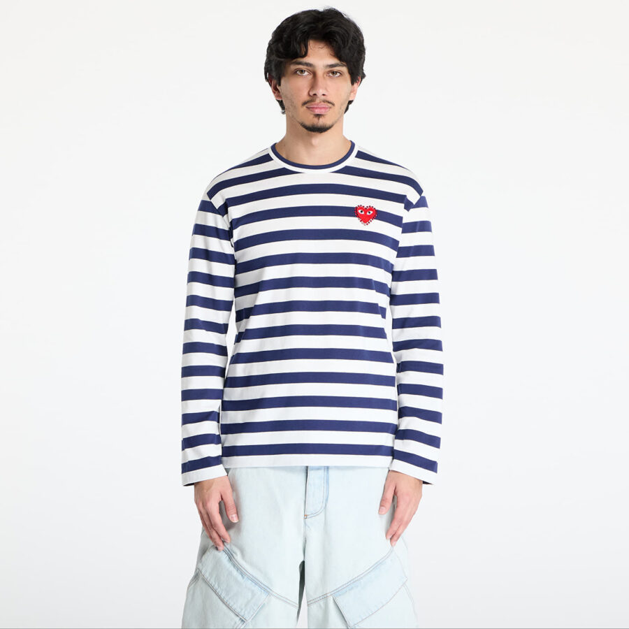 Póló Comme des Garçons PLAY Stripe Emblem x Rhinestone Long Sleeve Tee UNISEX Navy/ White XXS-alacsony-ár