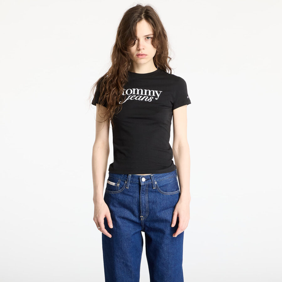 Póló Tommy Jeans Slim Essential Tee Black S-alacsony-ár