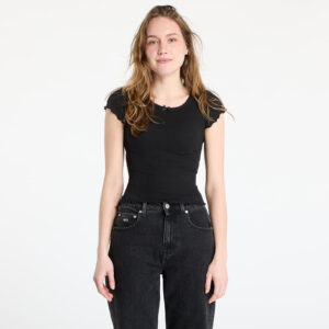 Póló Tommy Jeans Slim Scallop Rib Tee Black M-alacsony-ár