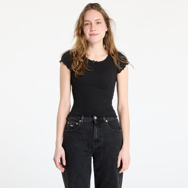 Póló Tommy Jeans Slim Scallop Rib Tee Black M-alacsony-ár
