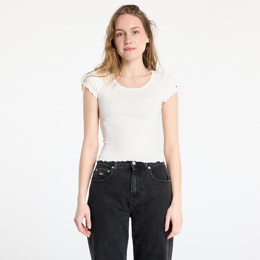 Póló Tommy Jeans Slim Scallop Rib Tee White M-alacsony-ár