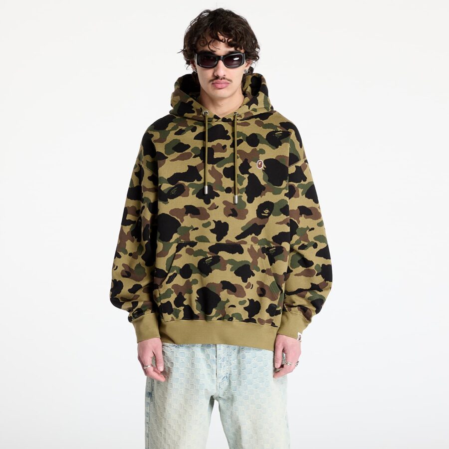 Pulóver A BATHING APE 1St Camo Jacquard One Point Relaxed Fit Pullover Hoodie UNISEX Green S-alacsony-ár