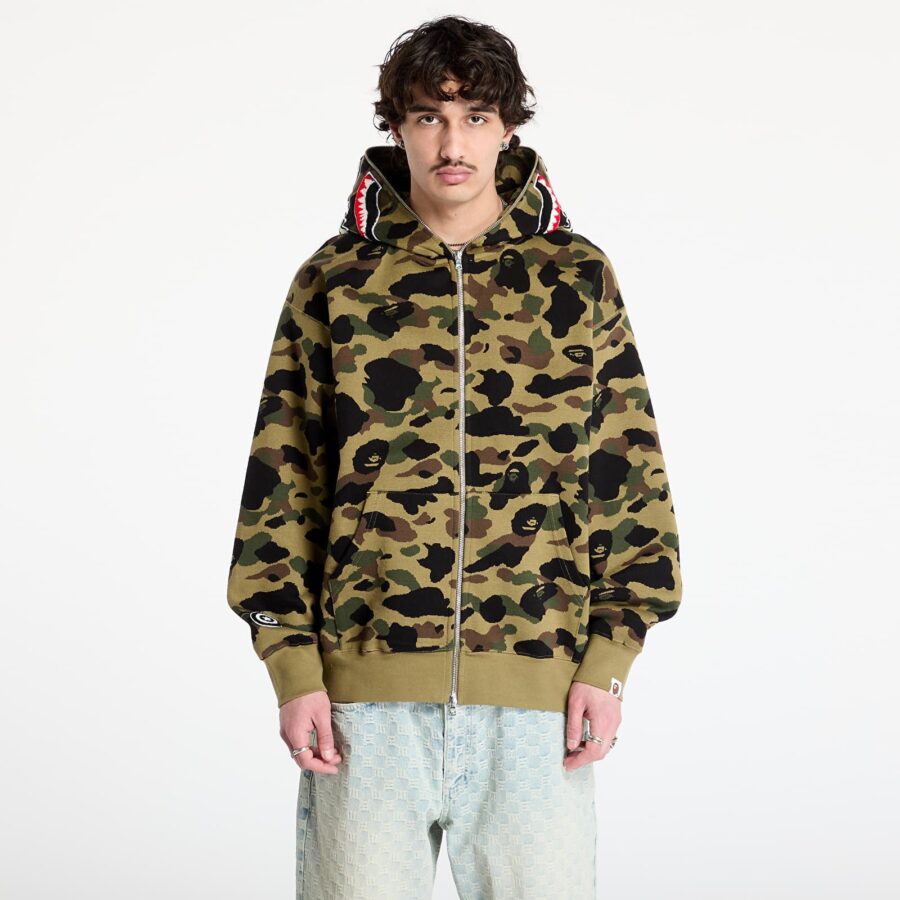 Pulóver A BATHING APE 1St Camo Jacquard Shark Relaxed Fit Full Zip Hoodie UNISEX Green S-alacsony-ár