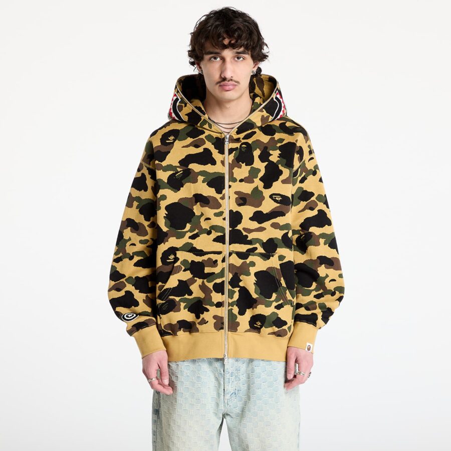 Pulóver A BATHING APE 1St Camo Jacquard Shark Relaxed Fit Full Zip Hoodie UNISEX Yellow S-alacsony-ár