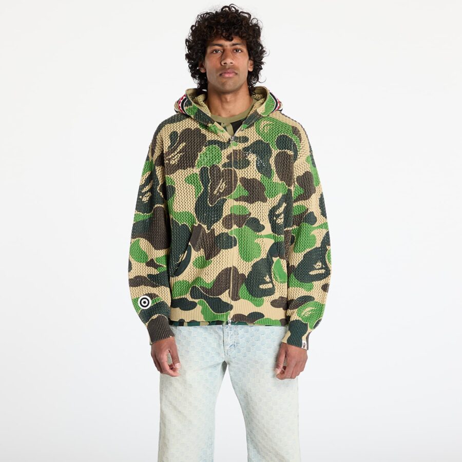 Pulóver A BATHING APE Abc Camo Crochet Relaxed Fit Shark Full Zip Hoodie UNISEX Green L-alacsony-ár