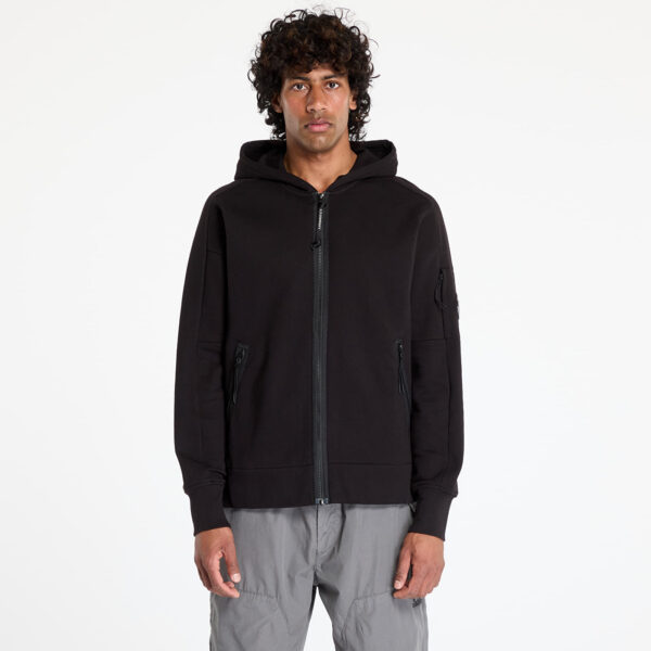 Pulóver C.P. Company Diagonal Raised Fleece Full Zip Hooded Sweatshirt Black L-alacsony-ár