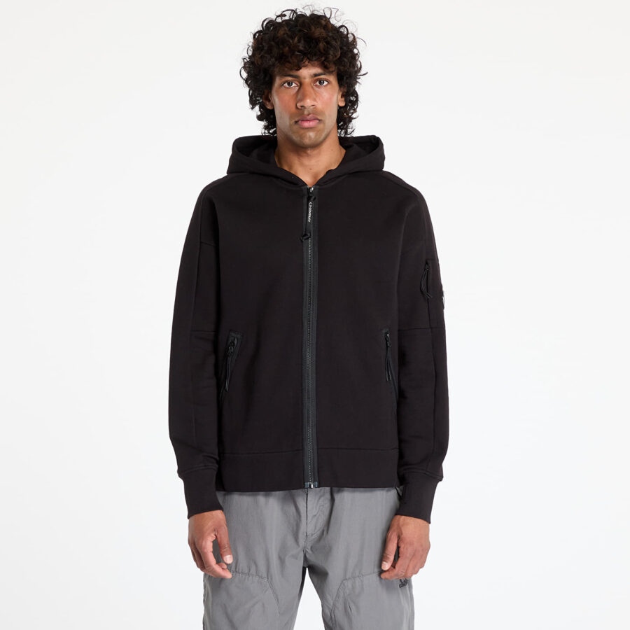Pulóver C.P. Company Diagonal Raised Fleece Full Zip Hooded Sweatshirt Black L-alacsony-ár