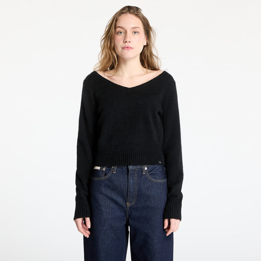 Pulóver Calvin Klein Jeans Fluffy Yarn V-Neck Sweater Black XS-alacsony-ár
