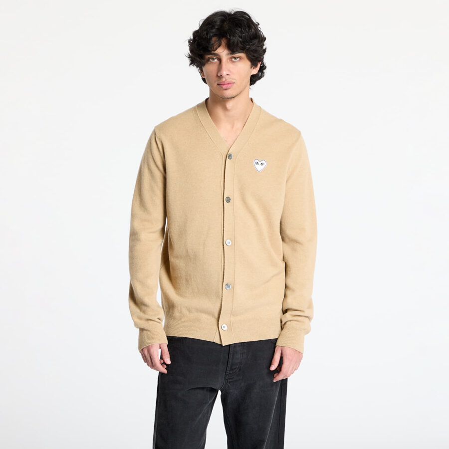 Pulóver Comme des Garçons PLAY White Emblem V-Neck Cardigan Knit UNISEX Light Camel S-alacsony-ár
