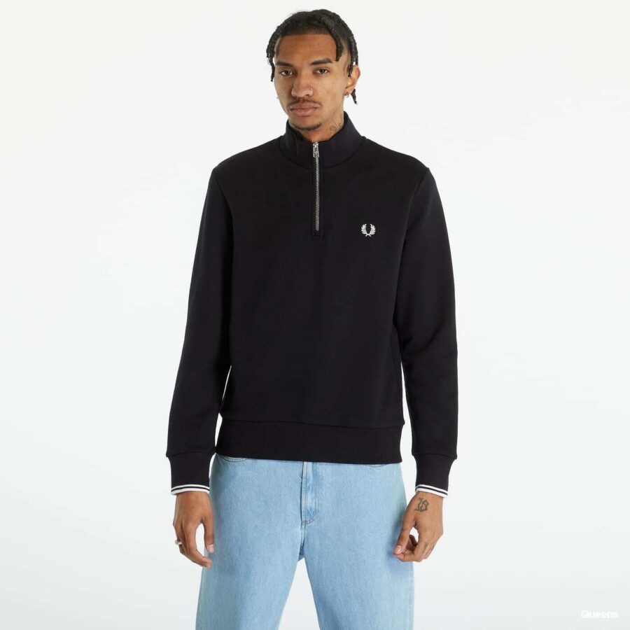 Pulóver FRED PERRY Half Zip Sweatshirt Black M-alacsony-ár